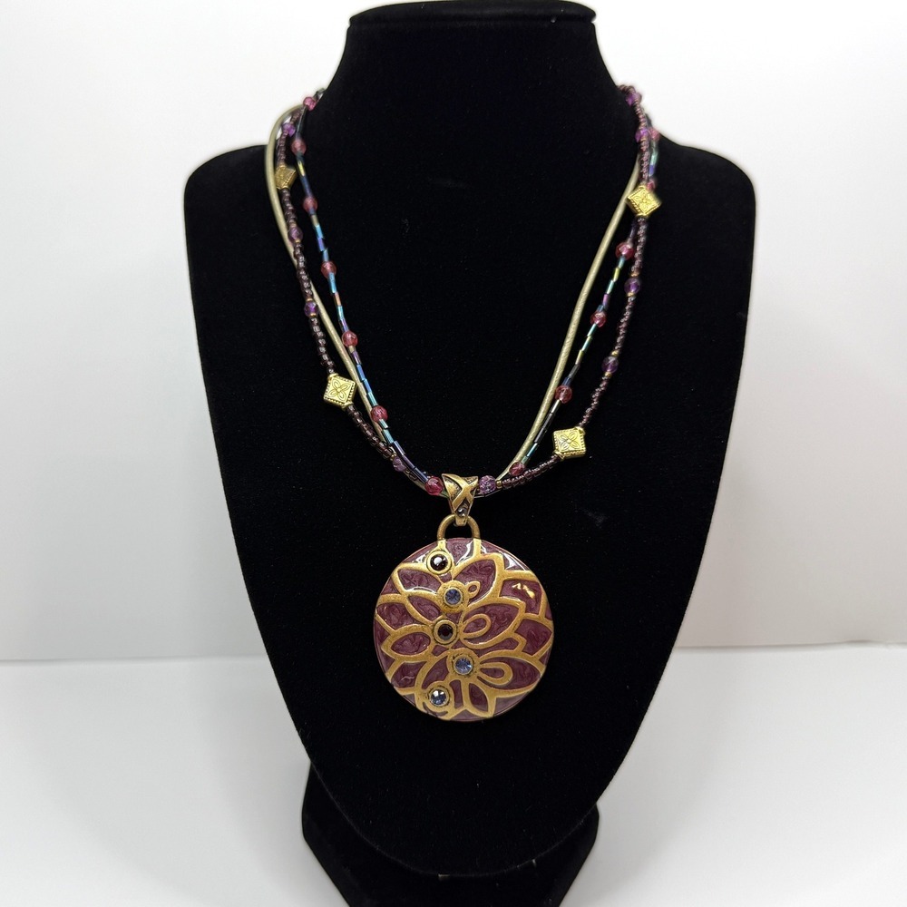 Chico's Purple Enamel Pendant Necklace Gold Tone Beaded Accents Jewelry 19.5 in